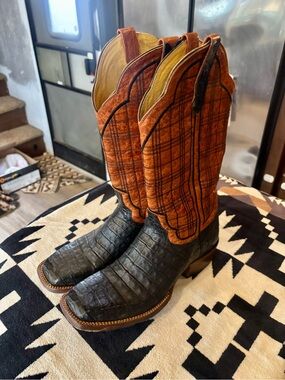 Men's Black Cayman & Orange Plaid Western Boots